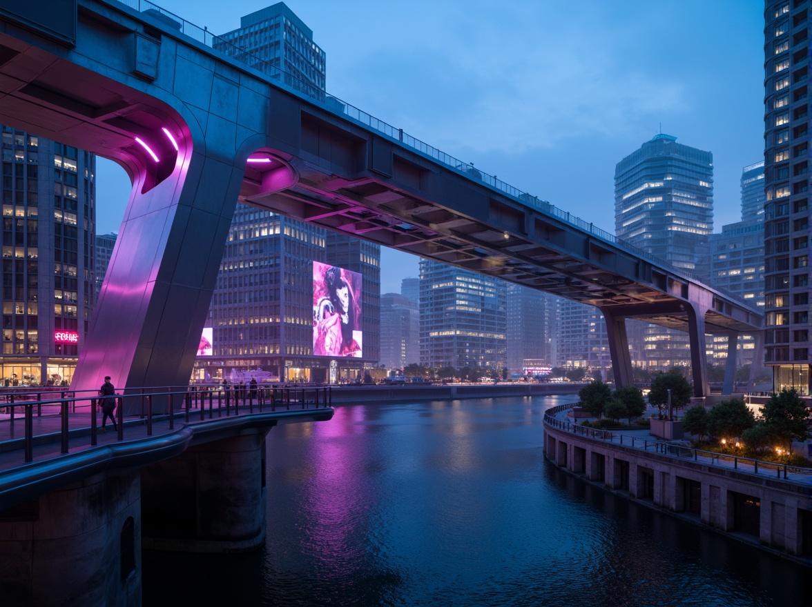 Prompt: Futuristic bridge architecture, sleek metal structures, neon-lit accents, vibrant LED lights, dark blues and purples, metallic silvers and chromes, high-gloss finishes, geometric patterns, angular lines, minimalist design, modern urban landscape, cityscape at dusk, misty atmosphere, soft warm lighting, shallow depth of field, 3/4 composition, panoramic view, realistic textures, ambient occlusion.