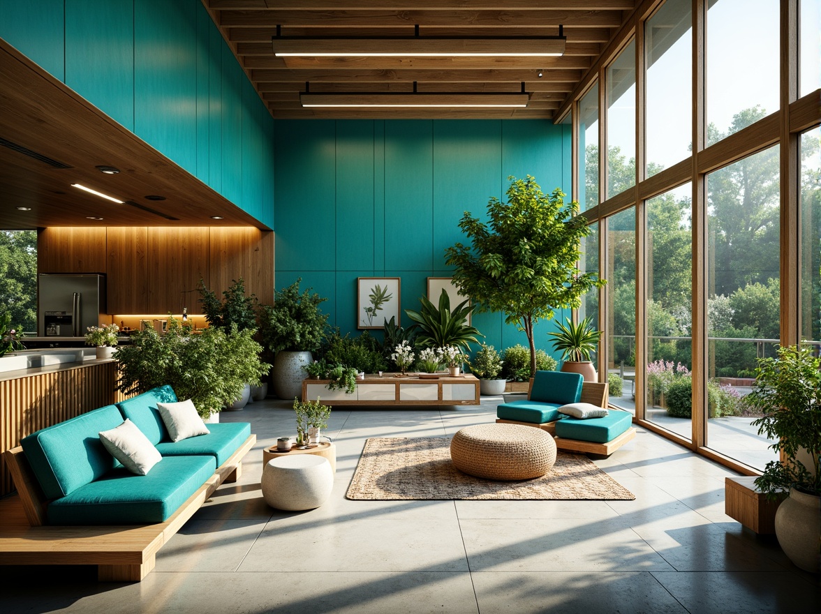 Prompt: Vibrant teal accents, refreshing atmosphere, invigorating spaces, modern minimalist decor, sleek metal frames, glass partitions, polished concrete floors, natural textiles, woven fibers, organic shapes, calming ambiance, soft warm lighting, shallow depth of field, 1/1 composition, realistic reflections, ambient occlusion, lush greenery, potted plants, blooming flowers, sunny day, outdoor connections, floor-to-ceiling windows, sliding glass doors.