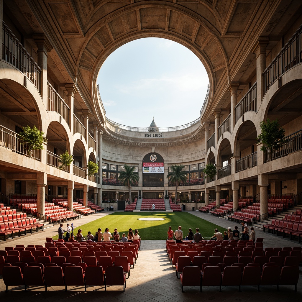 Prompt: Grandiose neoclassical soccer stadium, ornate stone fa\u00e7ade, majestic arches, imposing columns, regal balconies, luxurious VIP suites, plush velvet seats, polished wooden benches, intricate ironwork railings, vintage-inspired signage, nostalgic color scheme, warm golden lighting, shallow depth of field, 1/2 composition, symmetrical layout, realistic textures, ambient occlusion.