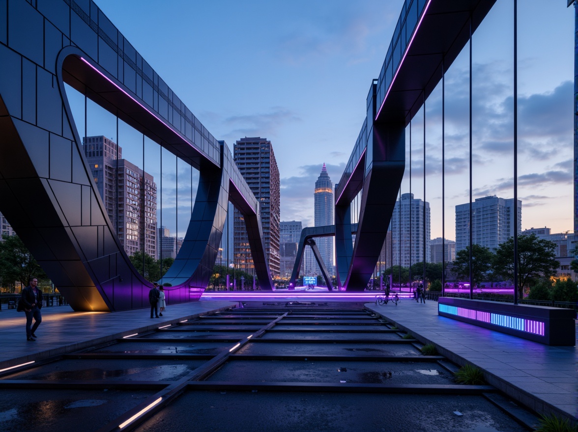 Prompt: Futuristic bridge architecture, sleek metal structures, neon-lit accents, vibrant LED lights, dark blues and purples, metallic silvers and chromes, high-gloss finishes, geometric patterns, angular lines, minimalist design, modern urban landscape, cityscape at dusk, misty atmosphere, soft warm lighting, shallow depth of field, 3/4 composition, panoramic view, realistic textures, ambient occlusion.