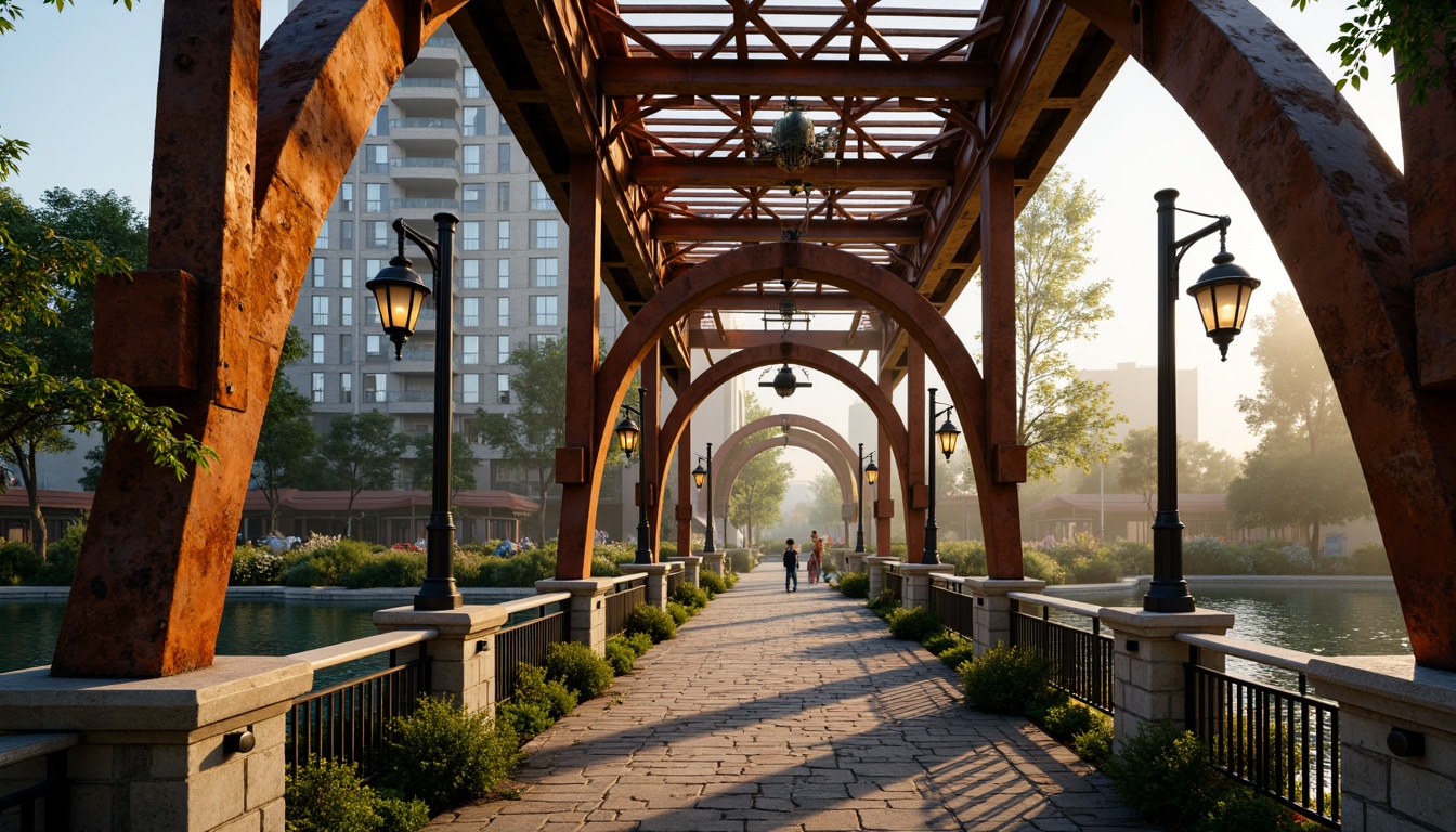 Prompt: Ornate pedestrian bridge, eclectic mix of materials, rusty metal beams, wooden planks, stone pillars, intricate ironwork, curved arches, ornamental lanterns, vibrant color scheme, bold geometric patterns, asymmetrical design, dynamic shapes, playful lighting fixtures, warm golden lighting, misty atmosphere, serene water reflections, lush greenery surroundings, natural stone walkways, 3/4 composition, shallow depth of field, realistic textures, ambient occlusion.