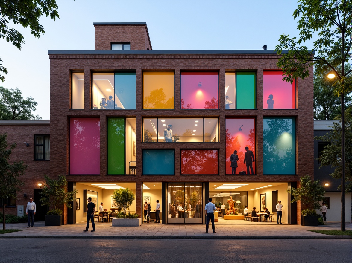 Prompt: Vibrant student hall, eclectic facade design, bold color blocking, irregular shape patterns, mixed material textures, brick and glass combination, ornate metal details, intricate stone carvings, asymmetrical composition, dynamic lighting effects, warm golden hour, shallow depth of field, 1/2 composition, realistic render, ambient occlusion, detailed architectural ornaments.