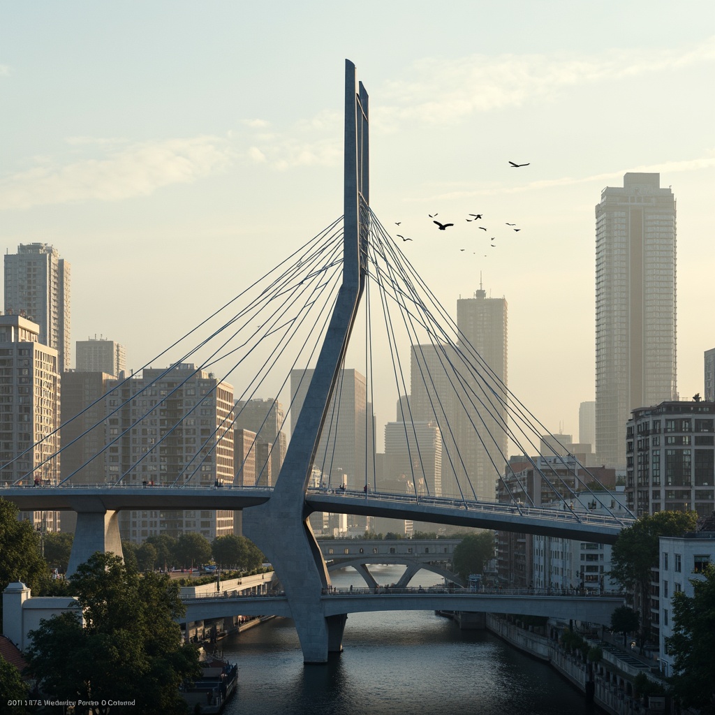 Prompt: Futuristic bridge design, sleek metal structures, high-strength steel cables, durable concrete piers, advanced composite materials, gleaming glass railings, LED lighting systems, dynamic suspension technology, aerodynamic shapes, wind-resistant architecture, urban cityscape, misty morning atmosphere, soft warm lighting, shallow depth of field, 3/4 composition, panoramic view, realistic textures, ambient occlusion.