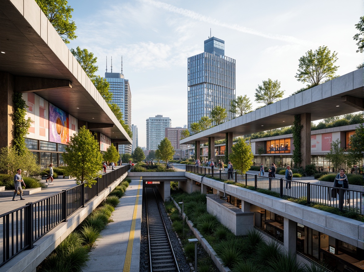 Prompt: Modern metro station, eco-friendly design, green roofs, solar panels, wind turbines, energy-efficient lighting, recycled materials, natural ventilation systems, spacious platforms, minimalist architecture, sleek metal structures, glass facades, vibrant urban art, bustling city atmosphere, morning rush hour, soft warm lighting, shallow depth of field, 3/4 composition, panoramic view, realistic textures, ambient occlusion.