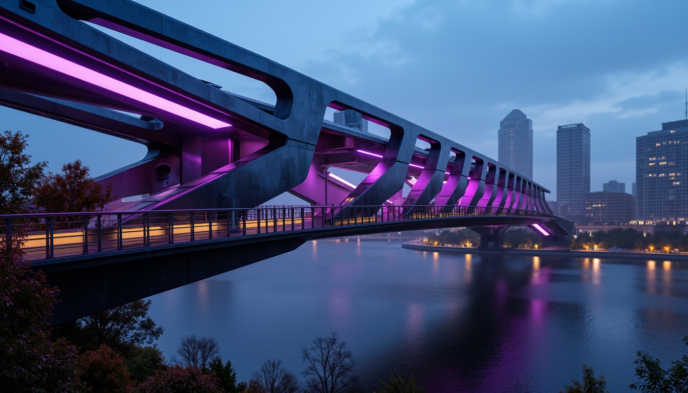 Prompt: Futuristic bridge architecture, sleek metal structures, neon-lit accents, vibrant LED lights, dark blues and purples, metallic silvers and chromes, high-gloss finishes, geometric patterns, angular lines, minimalist design, modern urban landscape, cityscape at dusk, misty atmosphere, soft warm lighting, shallow depth of field, 3/4 composition, panoramic view, realistic textures, ambient occlusion.