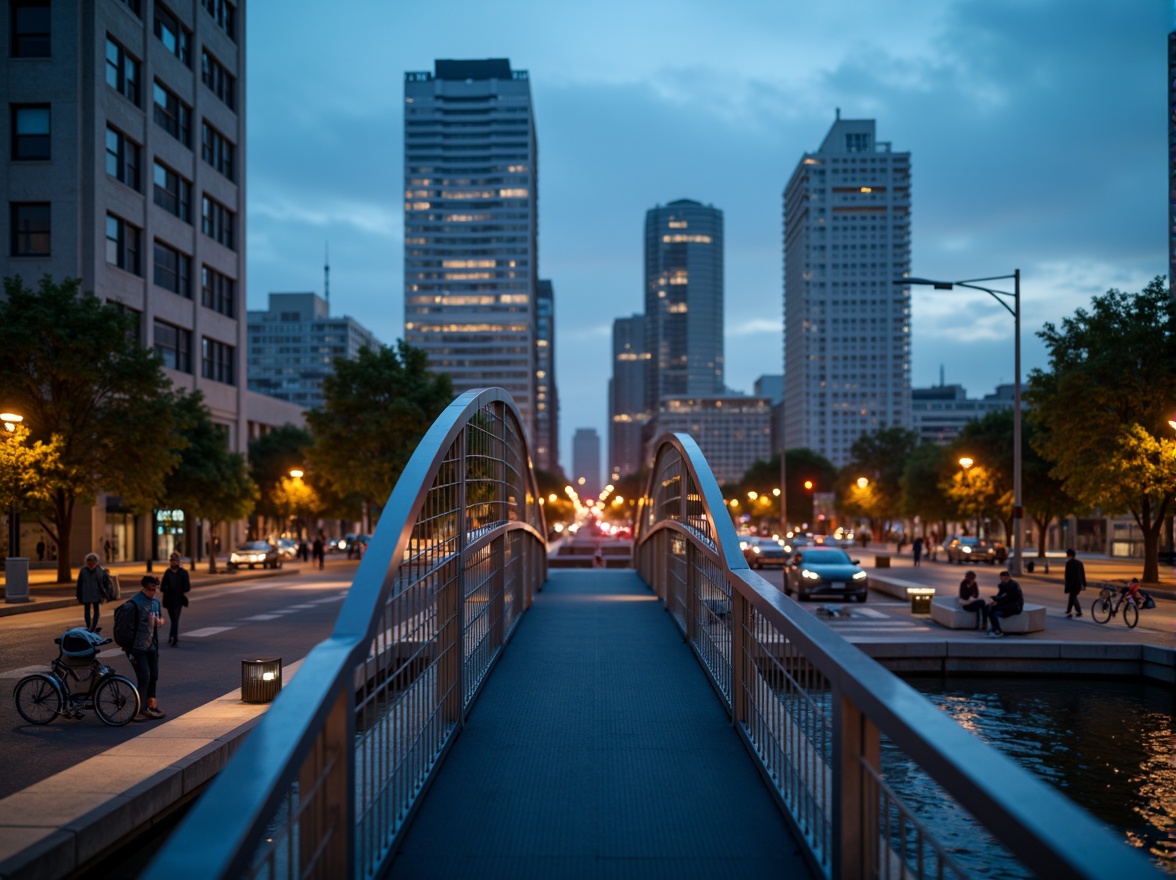 Prompt: Curved pedestrian bridge, sleek metal railings, minimalist design, modern urban landscape, city skyline views, vibrant streetlights, evening ambiance, soft warm glow, shallow depth of field, 3/4 composition, panoramic view, realistic textures, ambient occlusion, dynamic shapes, geometric forms, structural elegance, functional simplicity, pedestrian-friendly infrastructure, accessible walkways, safety features, innovative materials, sustainable construction methods.