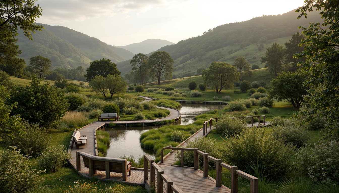 Prompt: Serene natural scenery, rolling hills, lush greenery, meandering water features, walking trails, wooden bridges, rustic benches, native plant species, organic shapes, earthy tones, blended boundaries, seamless transitions, soft warm lighting, atmospheric perspective, 1/2 composition, intimate scale, realistic textures, ambient occlusion.