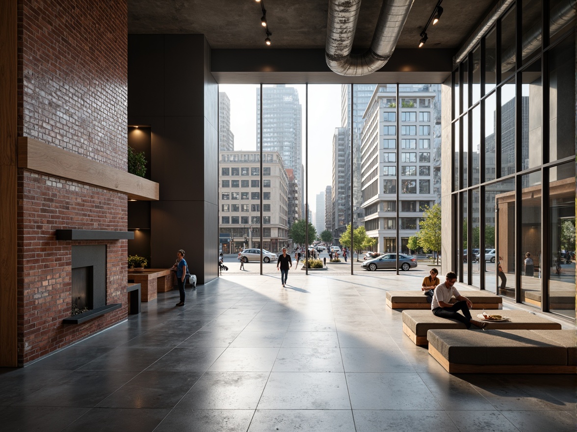 Prompt: Polished concrete floors, exposed brick walls, metallic cladding, glass facades, wooden accents, industrial pipes, minimalist decor, sleek lines, modern urban landscape, city skyscrapers, busy streets, natural light, soft shadows, 1/1 composition, realistic reflections, ambient occlusion, detailed normal maps.