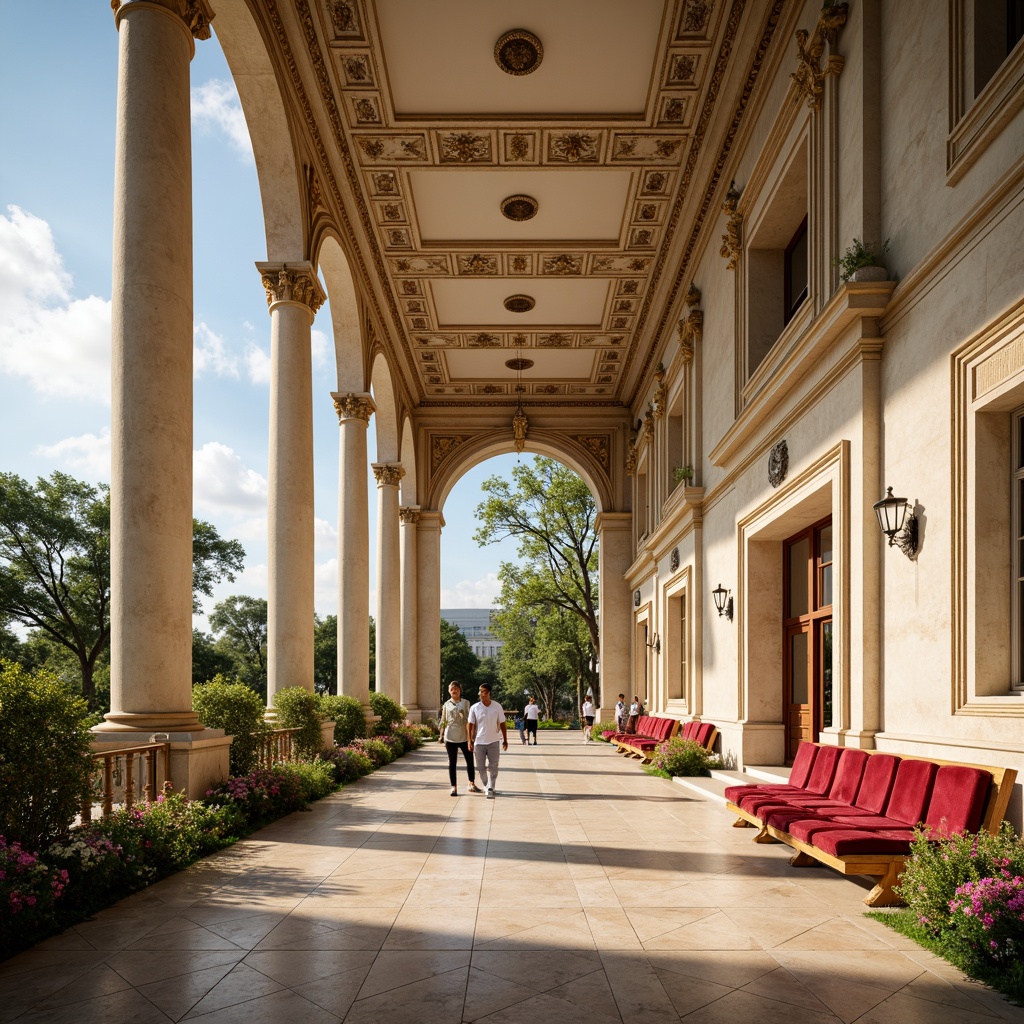 Prompt: Majestic neoclassical soccer stadium, grandiose columns, ornate arches, symmetrical facades, cream-colored stone walls, richly textured marble floors, regal red velvet seats, golden accents, intricate moldings, classical statues, lush greenery, vibrant flower arrangements, warm sunny day, soft natural lighting, shallow depth of field, 1/1 composition, realistic textures, ambient occlusion.