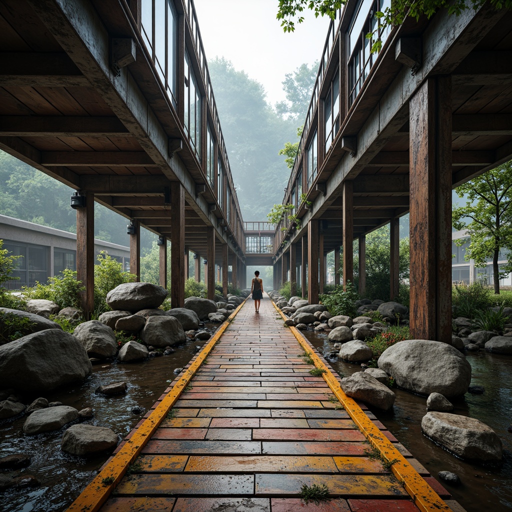 Prompt: Rustic steel bridges, eclectic mix of materials, distressed wood planks, ornate metal railings, vibrant colorful tiles, intricate stonework, rough-hewn boulders, industrial pipes, reclaimed wooden accents, ornamental ironwork, dynamic lighting effects, misty atmospheric conditions, soft warm glow, shallow depth of field, 1/1 composition, realistic textures, ambient occlusion.