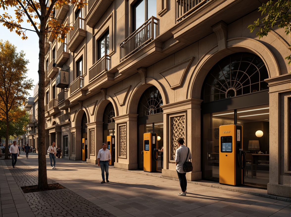 Prompt: Ornate charging stations, Renaissance-inspired facades, grand archways, ornamental columns, intricate stone carvings, classical pediments, decorative cornices, rusticated bases, symmetrical compositions, warm golden lighting, soft shadows, high-contrast textures, realistic reflections, 1/2 composition, shallow depth of field, atmospheric perspective, subtle color grading.