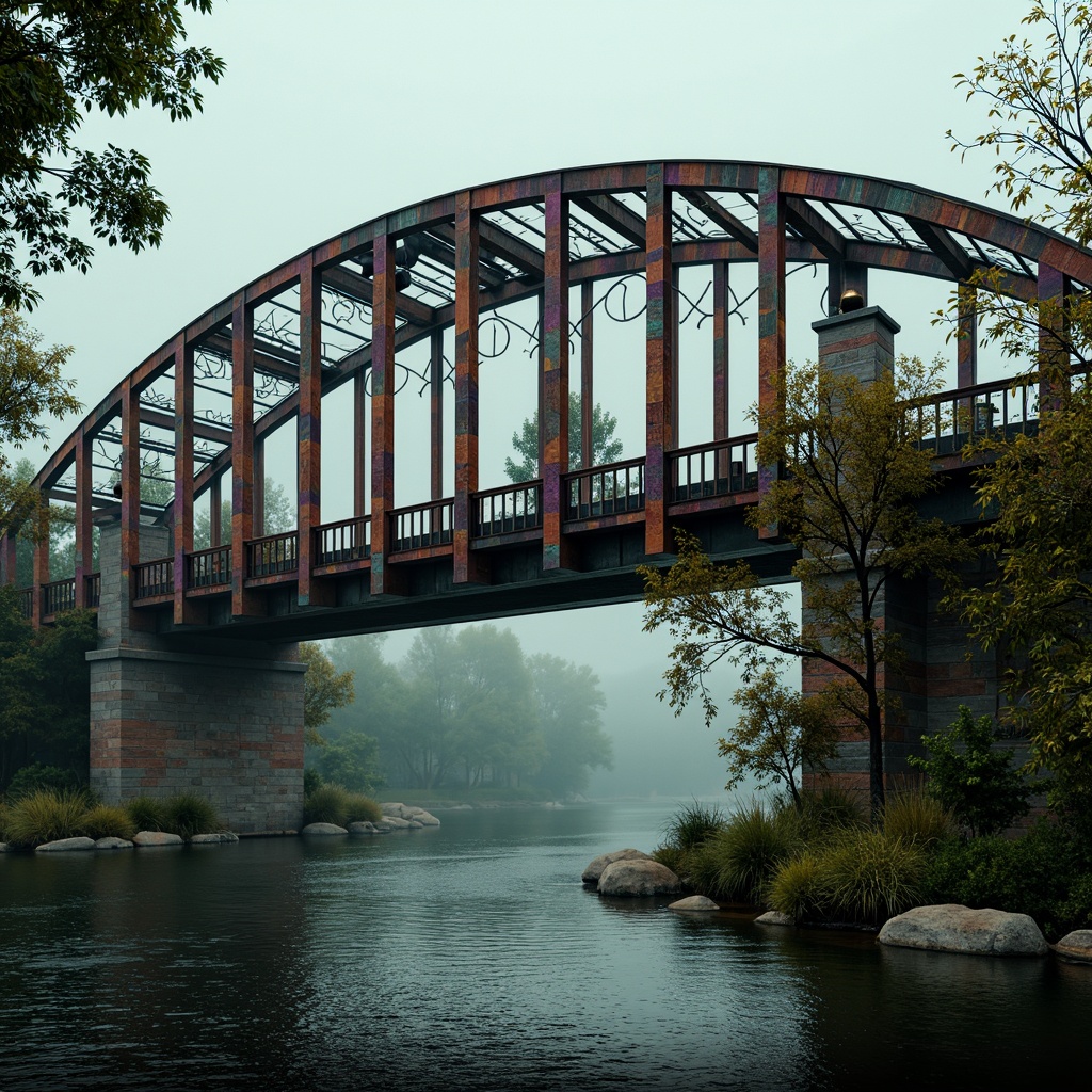 Prompt: Vibrant eclectic bridge, bold steel arches, rustic wooden accents, distressed metal textures, ornate Victorian details, whimsical Art Nouveau patterns, rich jewel-toned colors, emerald green, sapphire blue, amethyst purple, warm golden lighting, dramatic shadows, misty atmospheric effects, soft focus, 1/2 composition, cinematic framing, intricate stonework, ornamental railings, lush ivy-covered abutments, serene riverbank setting, overcast sky, subtle foggy atmosphere.