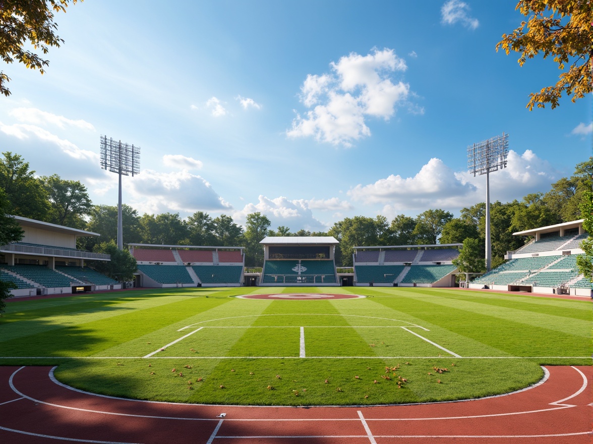 Prompt: Vibrant green grass, athletic tracks, bold white lines, bright yellow goalposts, sturdy metal fences, natural earthy tones, sunny day, clear blue sky, dynamic shadows, realistic textures, ambient occlusion, 3/4 composition, panoramic view, modern sports architecture, sleek stadium design, innovative lighting systems.