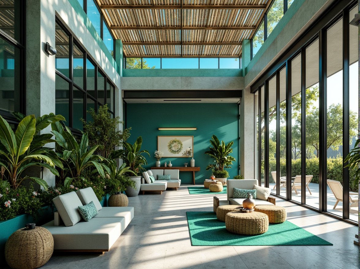 Prompt: Vibrant teal accents, refreshing atmosphere, invigorating spaces, modern minimalist decor, sleek metal frames, glass partitions, polished concrete floors, natural textiles, woven fibers, organic shapes, calming ambiance, soft warm lighting, shallow depth of field, 1/1 composition, realistic reflections, ambient occlusion, lush greenery, potted plants, blooming flowers, sunny day, outdoor connections, floor-to-ceiling windows, sliding glass doors.