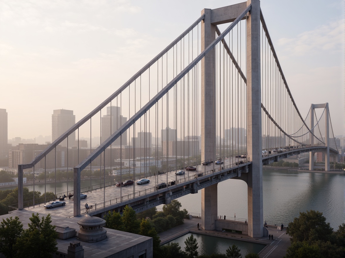 Prompt: Futuristic bridge design, sleek metal structures, high-strength steel cables, durable concrete piers, advanced composite materials, gleaming glass railings, LED lighting systems, dynamic suspension technology, aerodynamic shapes, wind-resistant architecture, urban cityscape, misty morning atmosphere, soft warm lighting, shallow depth of field, 3/4 composition, panoramic view, realistic textures, ambient occlusion.