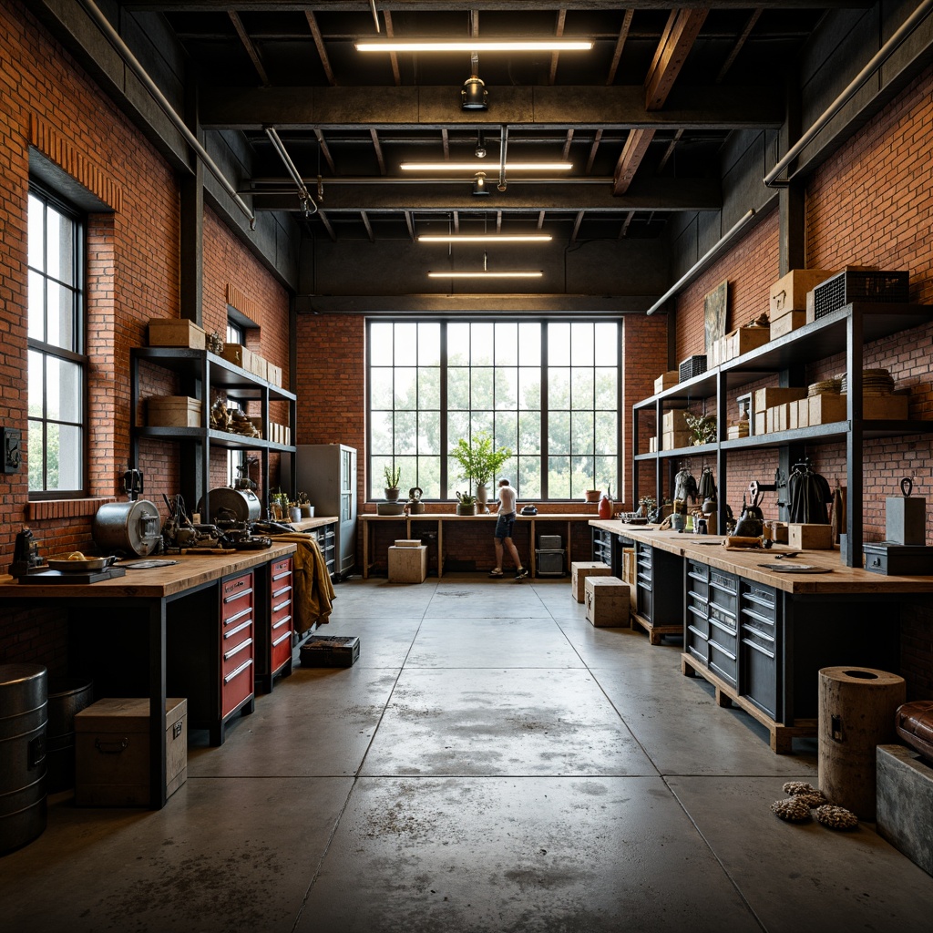 Prompt: Industrial workshop interior, exposed brick walls, metal beams, wooden workbenches, toolboxes, machinery equipment, steel shelving units, concrete floors, large windows, natural light, urban atmosphere, gritty textures, realistic rust effects, shallow depth of field, 1/2 composition, warm color palette, softbox lighting, ambient occlusion.