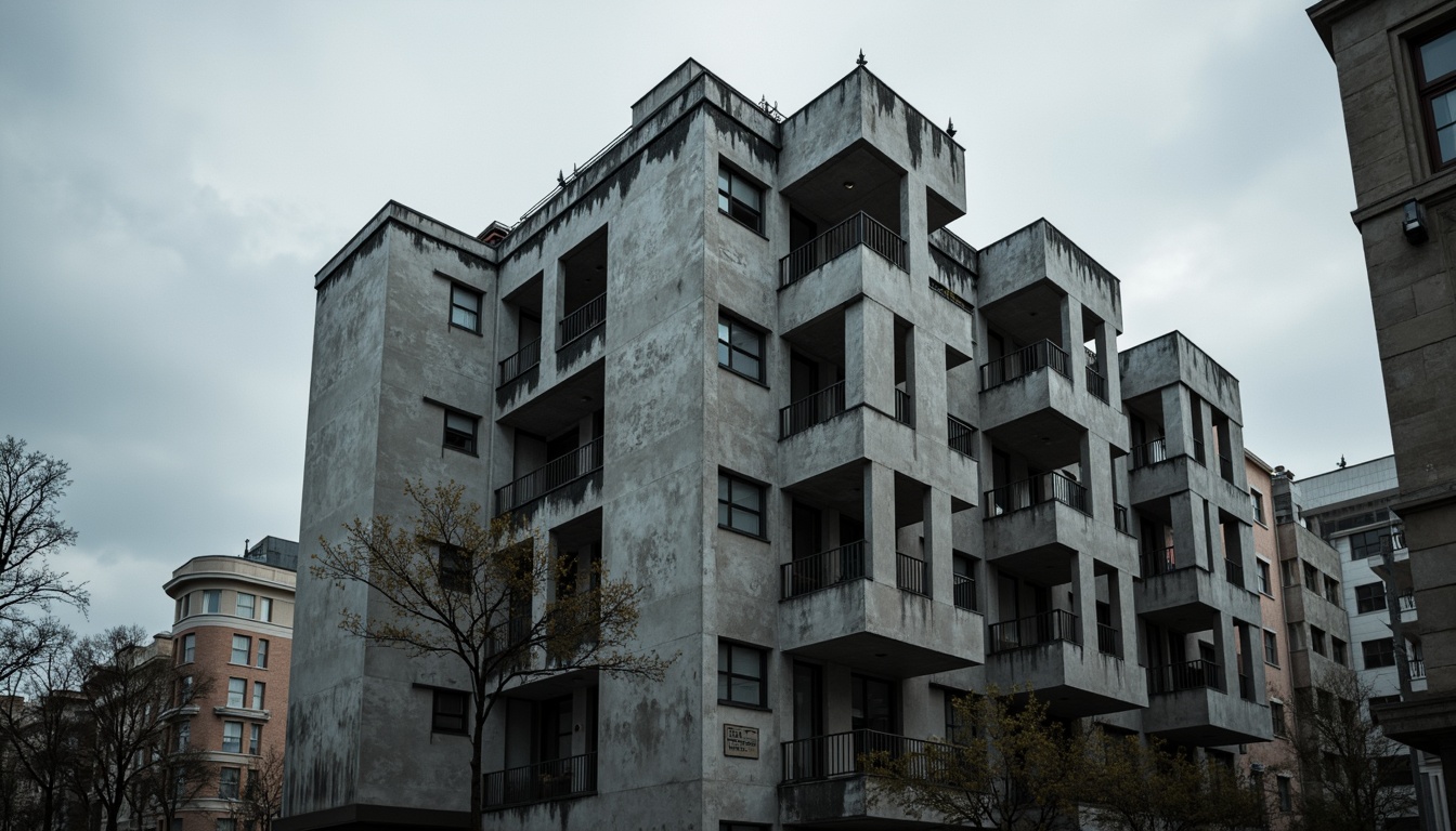 Prompt: Rugged brutalist building, exposed concrete walls, raw steel beams, industrial materials, distressed textures, urban cityscape, overcast sky, dramatic shadows, high-contrast lighting, bold geometric forms, fortress-like structures, monumental scale, brutalist sculptures, abstract patterns, rough-hewn stone, cold atmospheric mood, cinematic composition, low-angle shot, gritty realistic rendering.