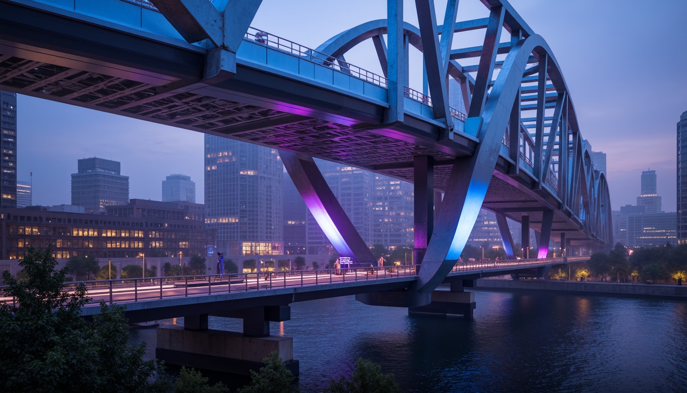 Prompt: Futuristic bridge architecture, sleek metal structures, neon-lit accents, vibrant LED lights, dark blues and purples, metallic silvers and chromes, high-gloss finishes, geometric patterns, angular lines, minimalist design, modern urban landscape, cityscape at dusk, misty atmosphere, soft warm lighting, shallow depth of field, 3/4 composition, panoramic view, realistic textures, ambient occlusion.