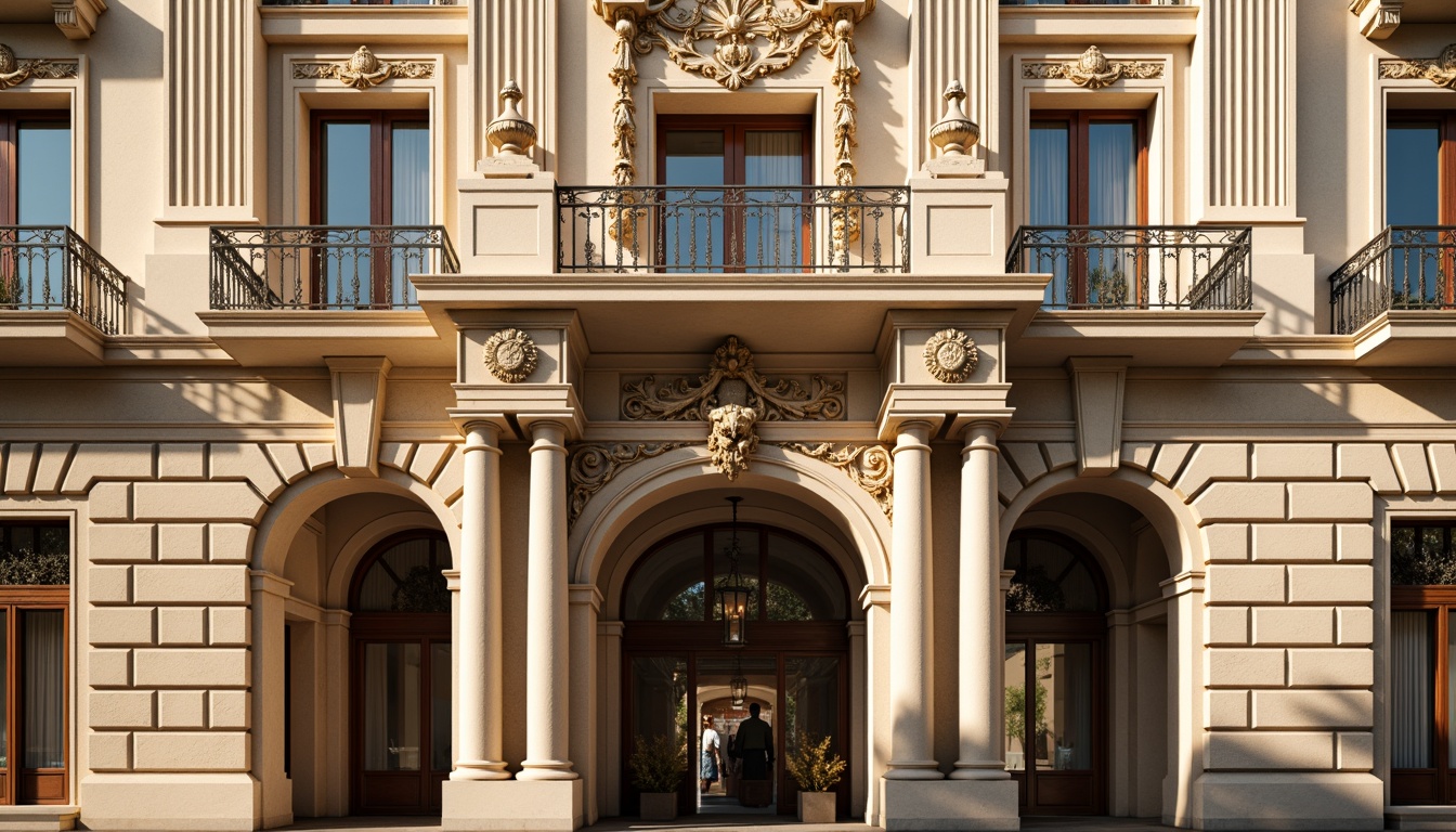 Prompt: Grandiose building facade, ornate stone carvings, classical columns, symmetrical composition, rusticated quoins, arched windows, balconies with intricate metalwork, ornamental cornices, decorative friezes, grand entranceways, imposing scale, warm beige stone, soft golden lighting, shallow depth of field, 1/1 composition, realistic textures, ambient occlusion.