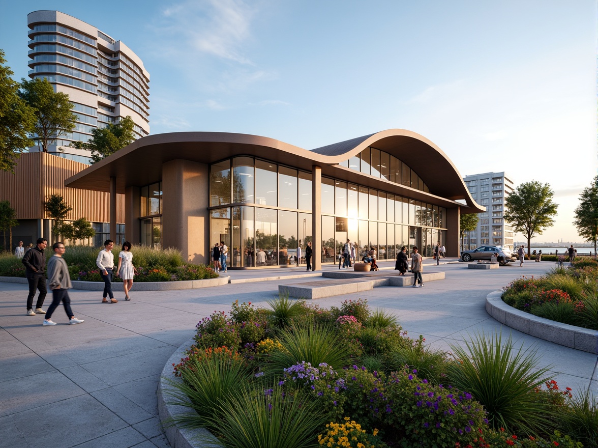 Prompt: Lakefront bus station, modern curved lines, glass fa\u00e7ade, reflective surfaces, nautical-themed design elements, wave-inspired rooflines, waterfront promenade, pedestrian walkways, lush greenery, vibrant flowers, natural stone walls, wooden accents, warm lighting, shallow depth of field, 3/4 composition, panoramic view, realistic textures, ambient occlusion.