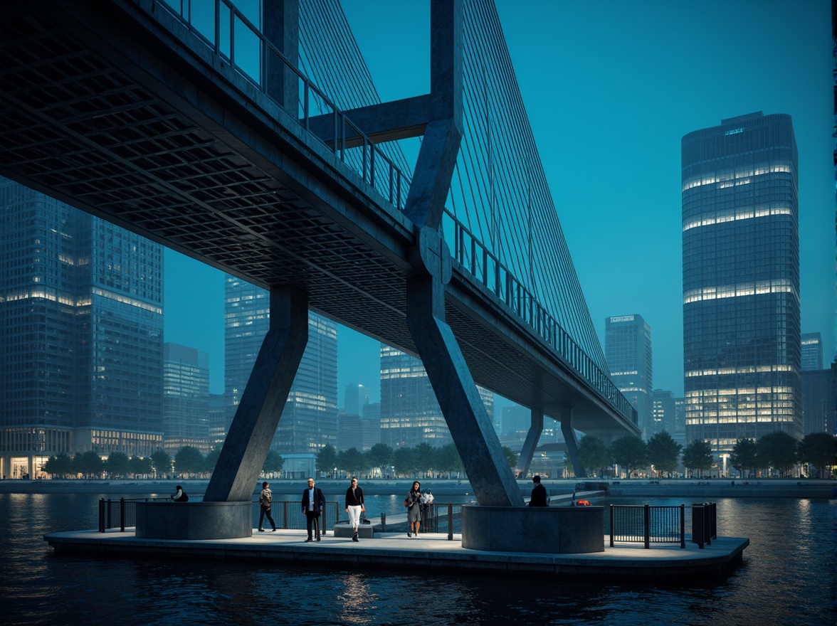 Prompt: Futuristic bridge architecture, sleek metal beams, suspension cables, angular piers, modern high-tech style, LED lighting systems, neon-lit nighttime scenes, urban cityscape, misty atmospheric effects, shallow depth of field, 3/4 composition, panoramic view, realistic metallic textures, ambient occlusion, reinforced concrete foundations, cantilevered sections, asymmetrical design, dynamic shapes, innovative materials, advanced engineering solutions, safety railings, pedestrian walkways, vehicle traffic lanes.