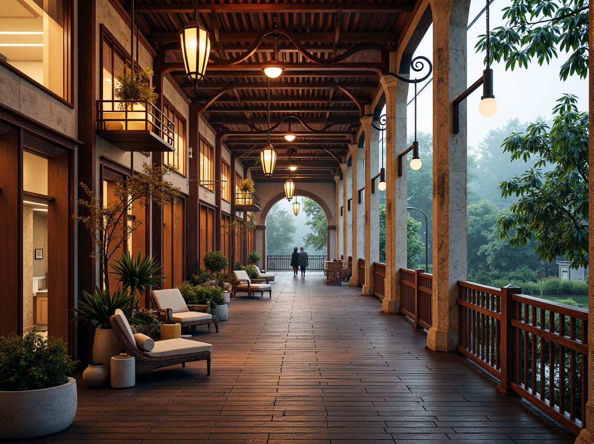 Prompt: Ornate pedestrian bridge, eclectic mix of materials, rusty metal beams, wooden planks, stone pillars, intricate ironwork, curved arches, ornamental lanterns, vibrant color scheme, bold geometric patterns, asymmetrical design, dynamic shapes, playful lighting fixtures, warm golden lighting, misty atmosphere, serene water reflections, lush greenery surroundings, natural stone walkways, 3/4 composition, shallow depth of field, realistic textures, ambient occlusion.