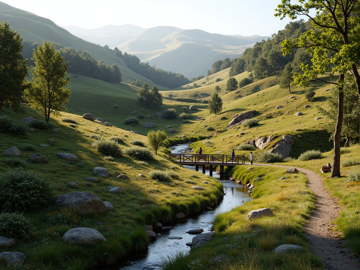 Prompt: Serene natural scenery, rolling hills, lush greenery, meandering water features, walking trails, wooden bridges, rustic benches, native plant species, organic shapes, earthy tones, blended boundaries, seamless transitions, soft warm lighting, atmospheric perspective, 1/2 composition, intimate scale, realistic textures, ambient occlusion.