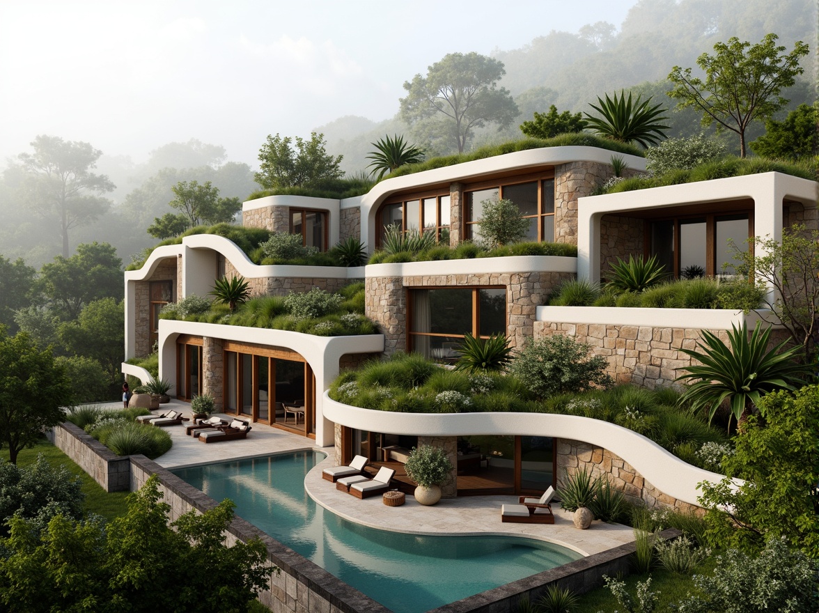 Prompt: \Harmonious building integration, lush green roofs, verdant walls, natural stone fa\u00e7ades, curved lines, organic shapes, earthy tones, wooden accents, large windows, sliding glass doors, seamless transitions, outdoor living spaces, infinity pools, tropical plants, misty atmosphere, warm soft lighting, shallow depth of field, 1/1 composition, panoramic view, realistic textures, ambient occlusion.\