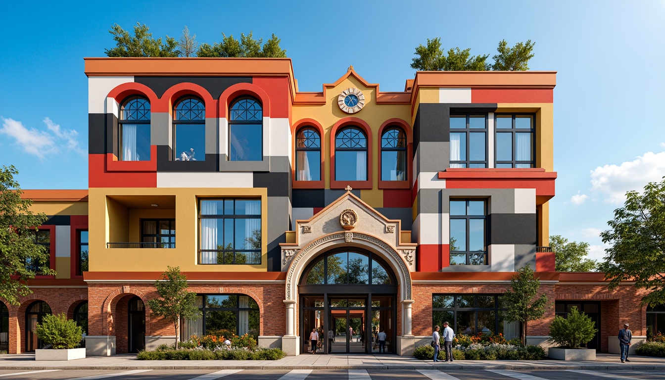 Prompt: Vibrant student hall, eclectic facade design, bold color blocking, irregular shape patterns, mixed material textures, brick and metal cladding, asymmetrical composition, dynamic angular lines, ornate decorative elements, intricate stone carvings, grand entrance archways, oversized windows, stained glass accents, lush green roof gardens, sunny afternoon light, soft warm shadows, shallow depth of field, 1/2 composition, realistic renderings, ambient occlusion.