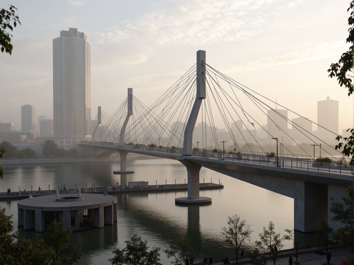 Prompt: Futuristic bridge design, sleek metal structures, high-strength steel cables, durable concrete piers, advanced composite materials, gleaming glass railings, LED lighting systems, dynamic suspension technology, aerodynamic shapes, wind-resistant architecture, urban cityscape, misty morning atmosphere, soft warm lighting, shallow depth of field, 3/4 composition, panoramic view, realistic textures, ambient occlusion.