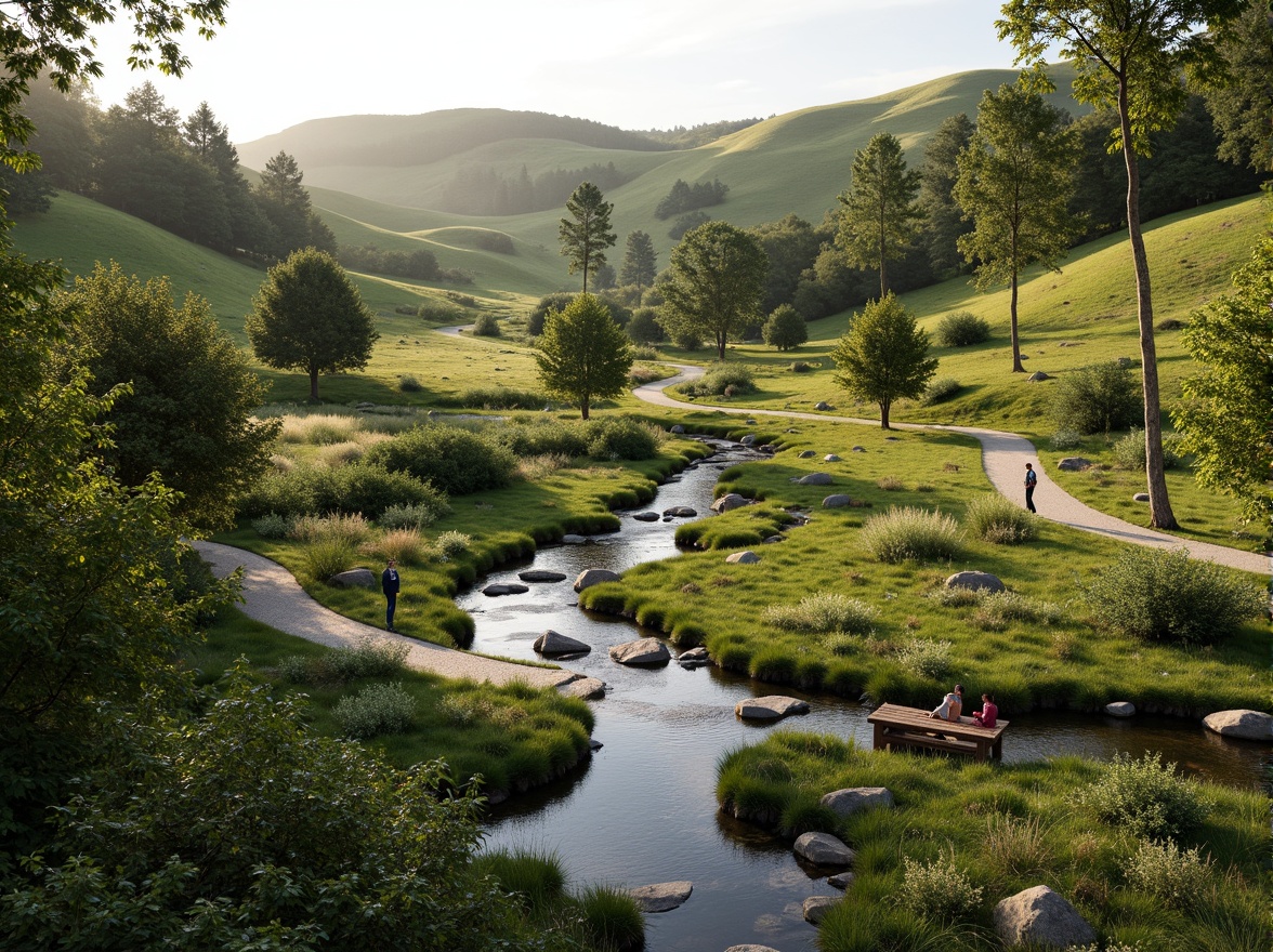 Prompt: Serene natural scenery, rolling hills, lush greenery, meandering water features, walking trails, wooden bridges, rustic benches, native plant species, organic shapes, earthy tones, blended boundaries, seamless transitions, soft warm lighting, atmospheric perspective, 1/2 composition, intimate scale, realistic textures, ambient occlusion.