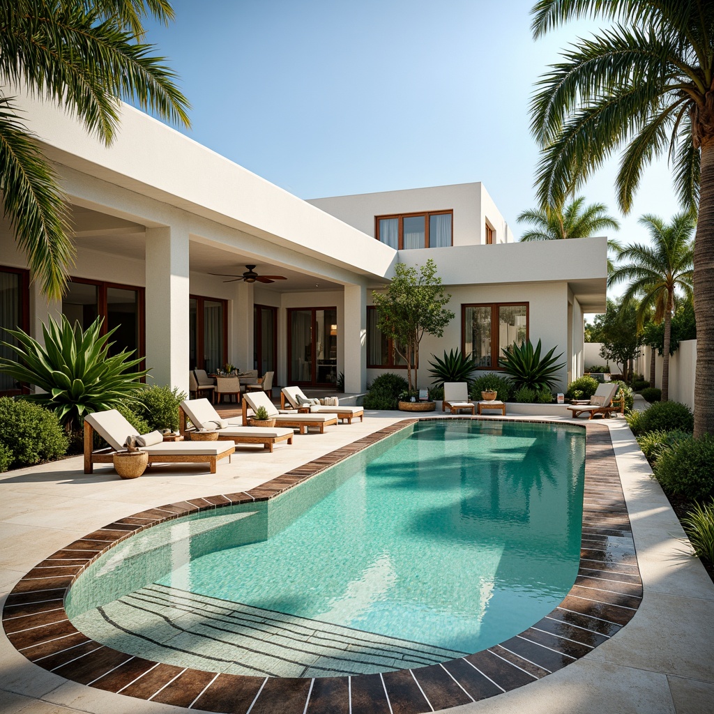 Prompt: Luxurious backyard oasis, Art Deco swimming pool, turquoise water, ornate tilework, geometric patterns, metallic accents, sun-kissed deck, comfortable lounge chairs, vibrant tropical plants, palm trees, warm sunny day, soft natural lighting, shallow depth of field, 1/1 composition, symmetrical architecture, elegant curves, luxurious outdoor furniture, ambient occlusion.