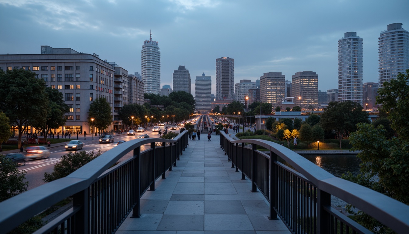 Prompt: Curved pedestrian bridge, sleek metal railings, minimalist design, modern urban landscape, city skyline views, vibrant streetlights, evening ambiance, soft warm glow, shallow depth of field, 3/4 composition, panoramic view, realistic textures, ambient occlusion, dynamic shapes, geometric forms, structural elegance, functional simplicity, pedestrian-friendly infrastructure, accessible walkways, safety features, innovative materials, sustainable construction methods.