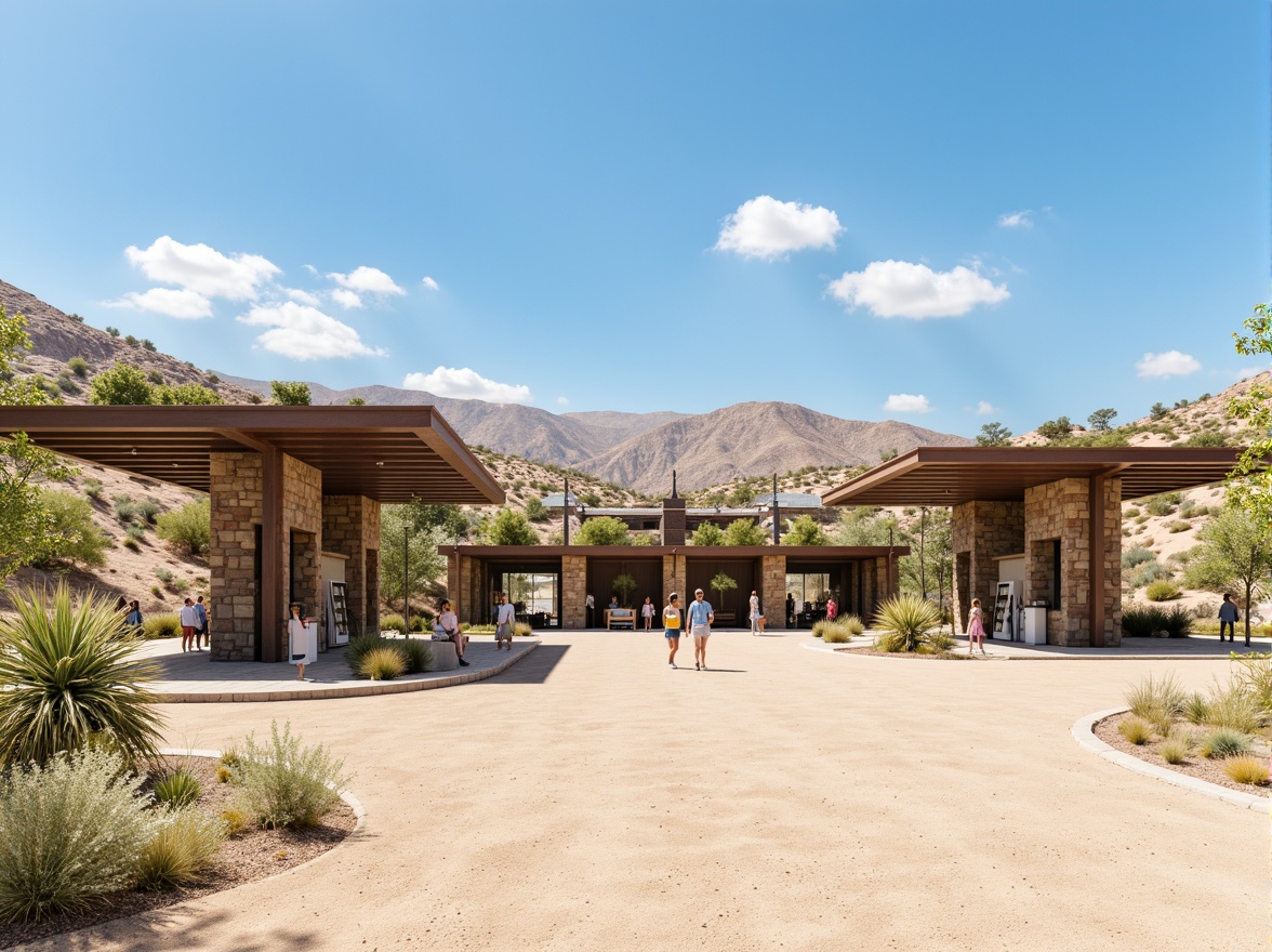 Prompt: Rustic gas station, natural stone walls, green roofs, solar panels, wind turbines, eco-friendly materials, modern minimalist architecture, angular lines, sleek metal canopies, shaded outdoor spaces, misting systems, desert landscape, sandy dunes, cactus plants, hot sunny day, clear blue sky, vast open space, integrated landscaping, native plant species, drought-resistant vegetation, efficient irrigation systems, scenic views, panoramic vistas, shallow depth of field, 3/4 composition, realistic textures, ambient occlusion.