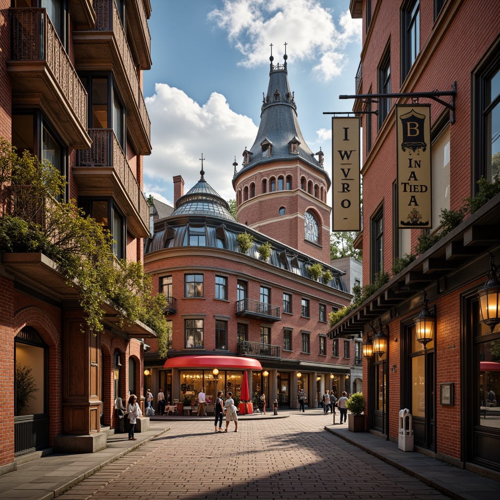 Prompt: Intricate brickwork, ornate facades, grand clock towers, steeply pitched roofs, dormer windows, stained glass canopies, rich wood accents, decorative ironwork, patterned tile flooring, lavish chandeliers, vintage signage, distressed finishes, warm golden lighting, shallow depth of field, 1/2 composition, symmetrical framing, realistic textures, ambient occlusion.