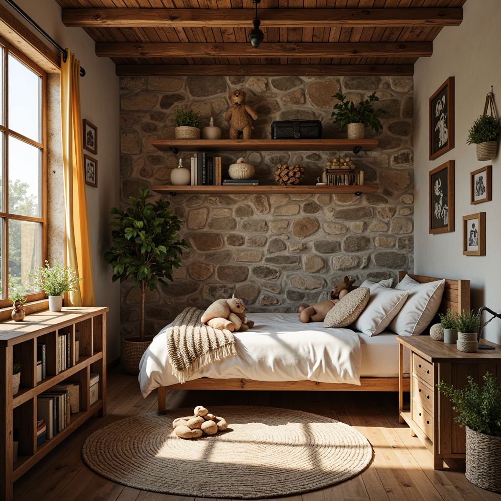 Prompt: Cozy kids' bedroom, rustic wooden furniture, vintage metal frames, woven wicker baskets, plush area rug, earthy color palette, natural stone accent wall, reclaimed wood shelves, distressed finishes, soft warm lighting, shallow depth of field, 1/1 composition, intimate atmosphere, comfortable seating, playful decorative accents, whimsical artwork, nature-inspired accessories.