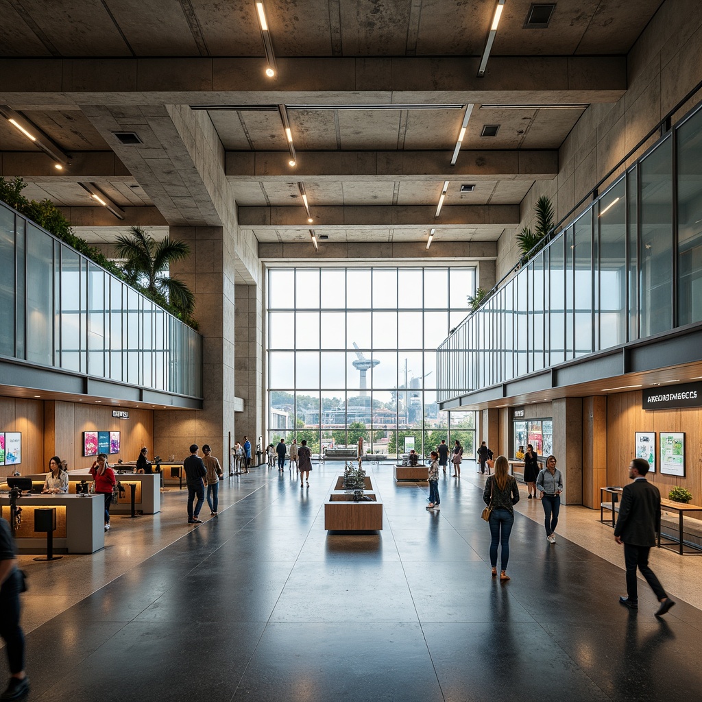 Prompt: Vast open concourse, brutalist architecture, exposed concrete structures, industrial-style lighting, steel beams, minimalist decor, functional layout, sleek information desks, modern airport signage, ample natural light, airy atmosphere, bustling passenger activity, dynamic people flow, abstract art installations, bold typography, vibrant color accents, geometric patterns, floor-to-ceiling windows, panoramic views of airfield, warm sunny day, shallow depth of field, 1/1 composition, realistic textures, ambient occlusion.