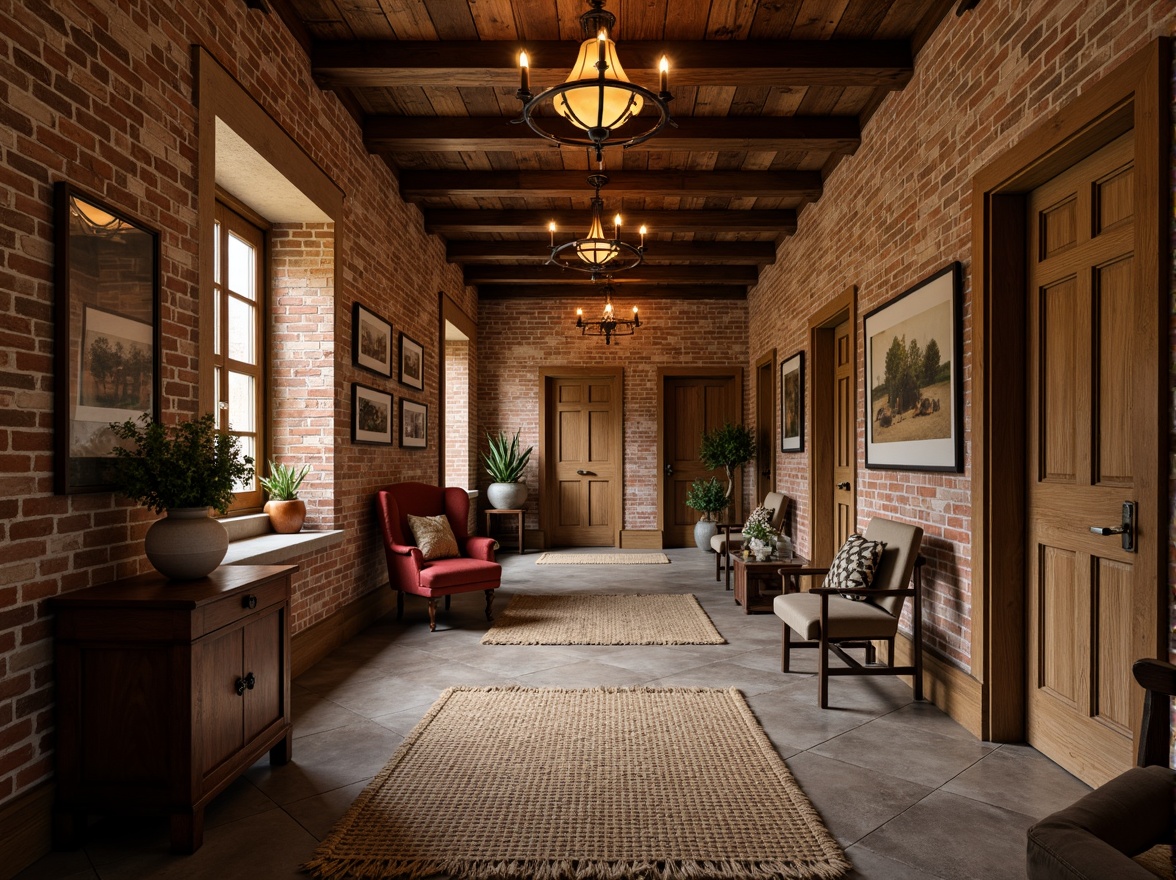 Prompt: Rustic hallway, distressed wood paneling, exposed brick walls, natural stone flooring, earthy color palette, warm ambient lighting, wooden ceiling beams, ornate metal chandeliers, vintage decorative accents, woven textiles, plush area rugs, rough-hewn wooden doors, antique hardware, soft warm glow, shallow depth of field, 1/2 composition, realistic textures, ambient occlusion.