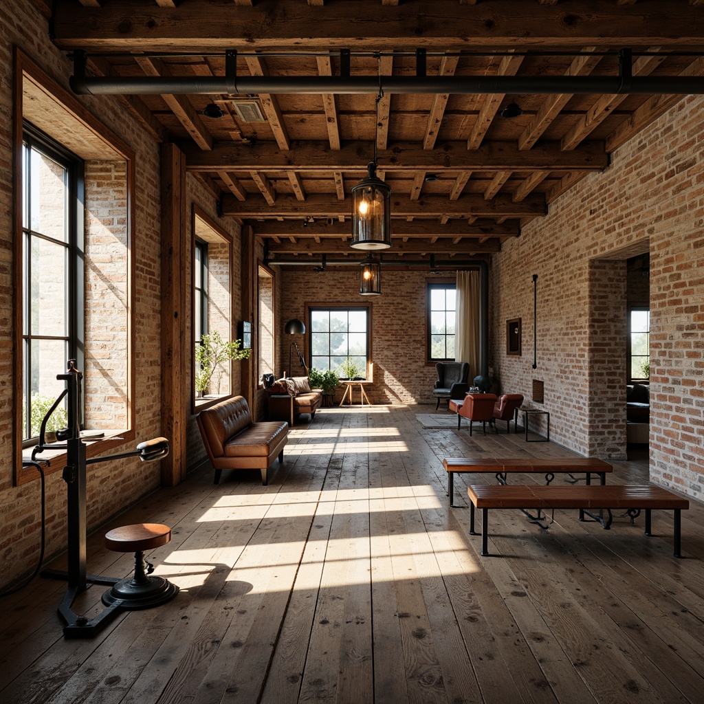 Prompt: Rustic home gym, distressed wood accents, industrial metal beams, vintage fitness equipment, worn leather benches, earthy color palette, natural stone walls, reclaimed wooden floors, exposed brick ceilings, warm ambient lighting, softbox lamps, rustic metal lanterns, Edison bulbs, cozy atmosphere, morning sunlight, shallow depth of field, 1/2 composition, realistic textures, subtle shadows.