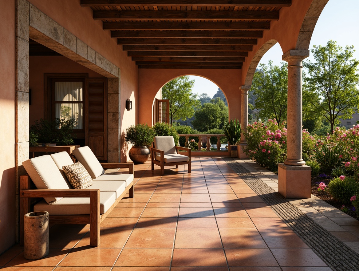 Prompt: Warm Mediterranean villa, rustic tile flooring, earthy terracotta tones, textured ceramic surfaces, subtle mosaic patterns, ornate stone borders, sun-kissed outdoor spaces, lush greenery, vibrant bougainvillea flowers, wooden accents, distressed finishes, soft warm lighting, shallow depth of field, 1/1 composition, realistic textures, ambient occlusion.