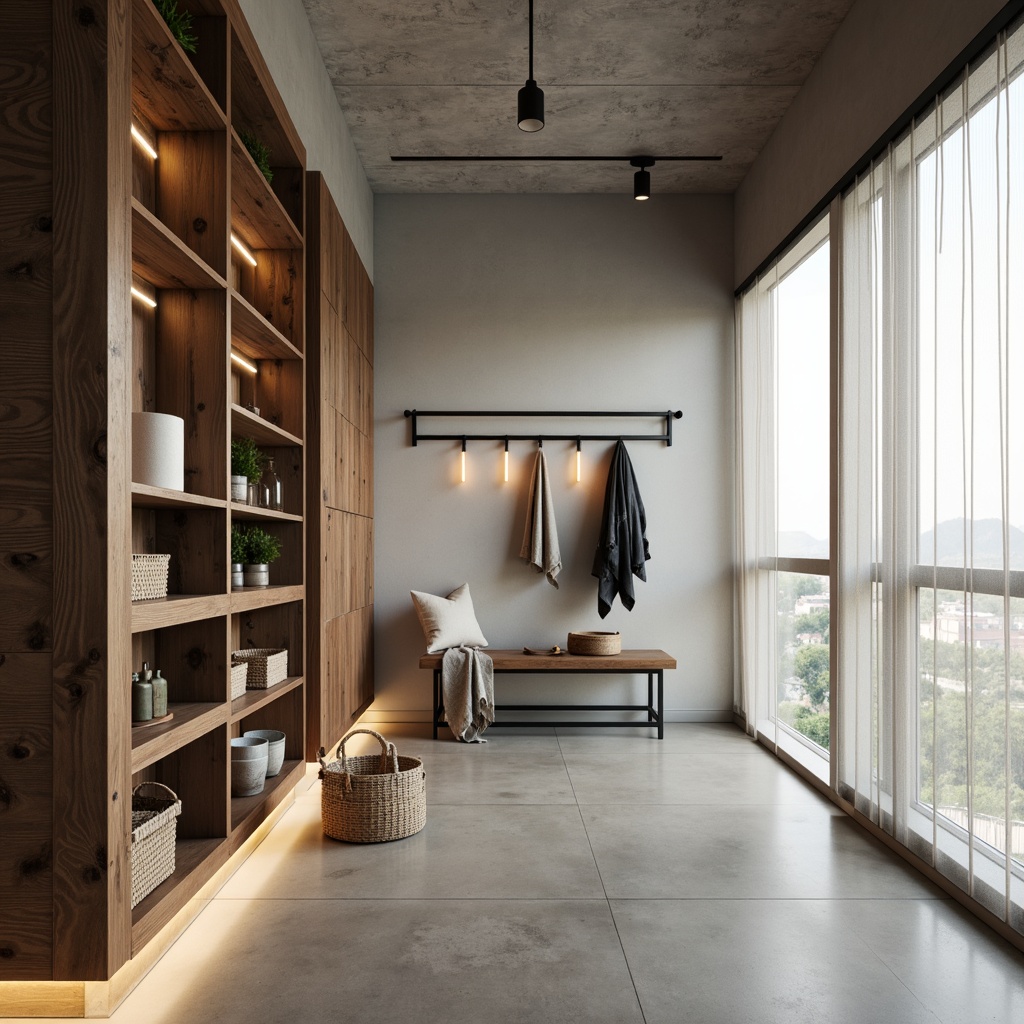 Prompt: Minimalist mudroom, industrial chic decor, reclaimed wood accents, matte black fixtures, soft warm glow, LED strip lighting, floor-to-ceiling windows, natural daylight, sheer white curtains, subtle shadowing, ambient illumination, minimalist shelving, woven baskets, neutral color palette, earthy tones, rustic metal hooks, concrete flooring, modern simplicity, airy openness, 1/1 composition, realistic textures, soft focus, warm atmosphere.