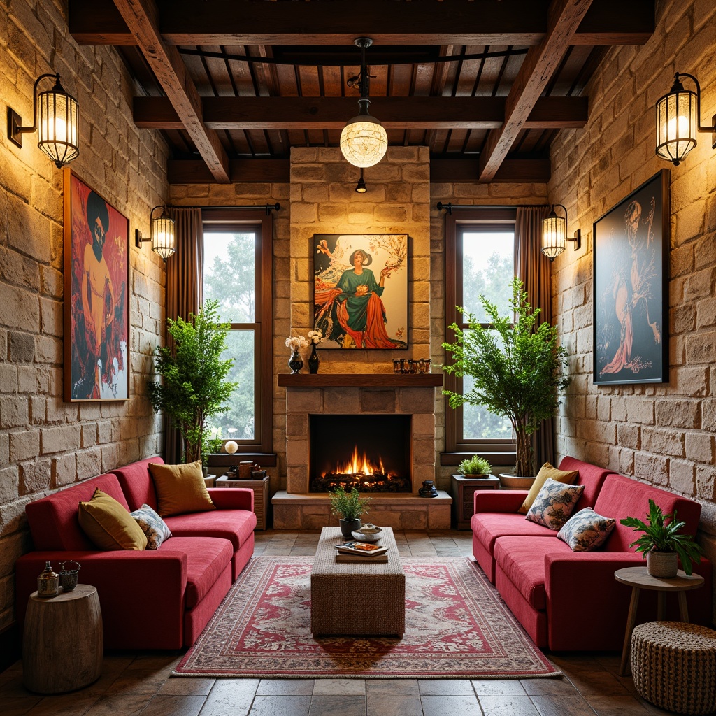 Prompt: Vibrant eclectic interior, rustic stone walls, natural textures, earthy color palette, industrial-chic metal beams, reclaimed wood accents, plush velvet furniture, Moroccan-inspired tiles, statement lighting fixtures, lush greenery, abstract artwork, eclectic decorative accessories, cozy reading nooks, warm ambient lighting, shallow depth of field, 1/2 composition, realistic renderings.