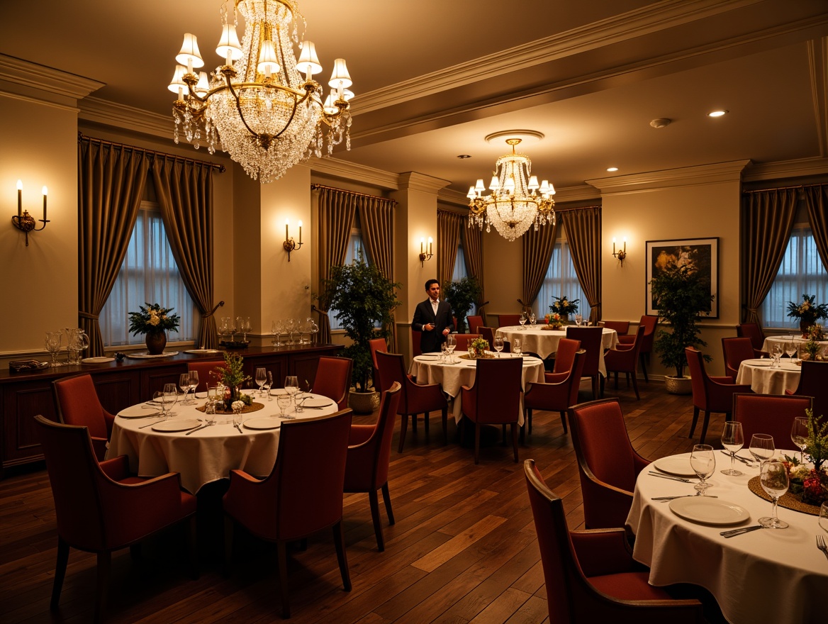 Prompt: Elegant dining room, luxurious chandeliers, crystal pendant lights, golden sconces, warm ambient glow, soft candlelight, refined wooden furniture, polished marble tables, comfortable velvet chairs, intimate dinner settings, warm beige walls, rich brown wood floors, lavish flower arrangements, sparkling wine glasses, romantic evening atmosphere, dramatic shadowing, 1/2 composition, subtle highlights, realistic reflections.