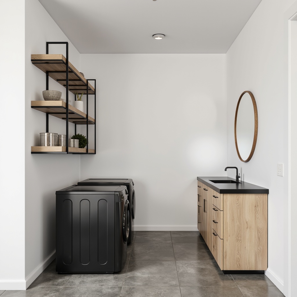 Prompt: Minimalist laundry room, white walls, polished concrete floors, industrial-style metal shelves, simple wooden cabinets, matte black appliances, linear drain, wall-mounted sink, LED lighting, soft neutral tones, natural textures, functional simplicity, modern aesthetics, ample storage, sleek hardware, subtle color palette, calming ambiance, airy feel, 3/4 composition, shallow depth of field.