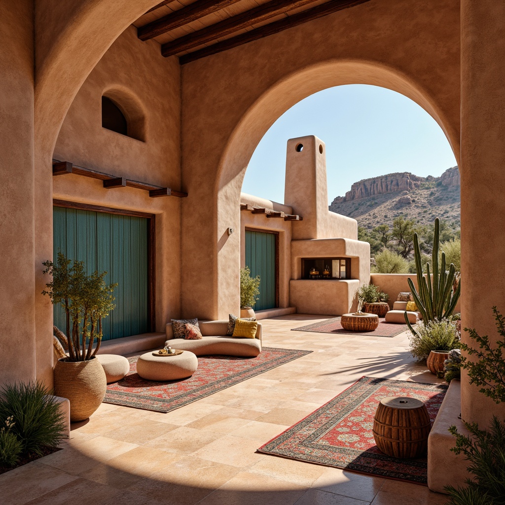 Prompt: Earthy adobe architecture, warm terracotta walls, turquoise accents, sandy beige floors, rustic wooden furniture, vibrant woven textiles, natural stone fireplaces, cacti plants, desert landscape views, bright sunny day, soft warm lighting, shallow depth of field, 3/4 composition, panoramic view, realistic textures, ambient occlusion.