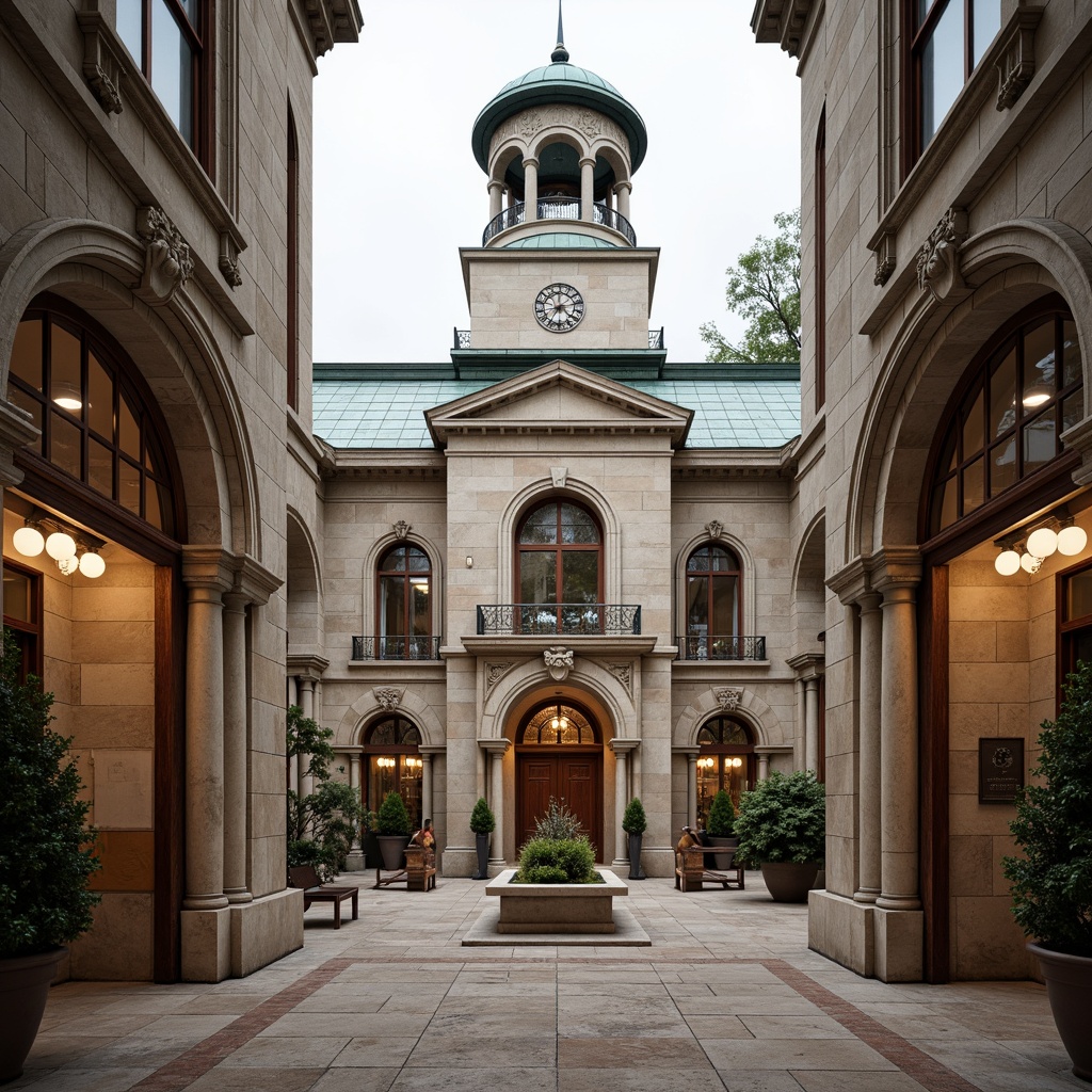 Prompt: Grand courthouse facade, intricately carved stonework, ornate columns, majestic archways, elegant clock tower, weathered copper roofing, rich wooden accents, polished marble flooring, sophisticated chandeliers, subtle natural lighting, 3/4 composition, symmetrical balance, classical architectural influences, refined modern nuances, precise geometric details, realistic textures, ambient occlusion.