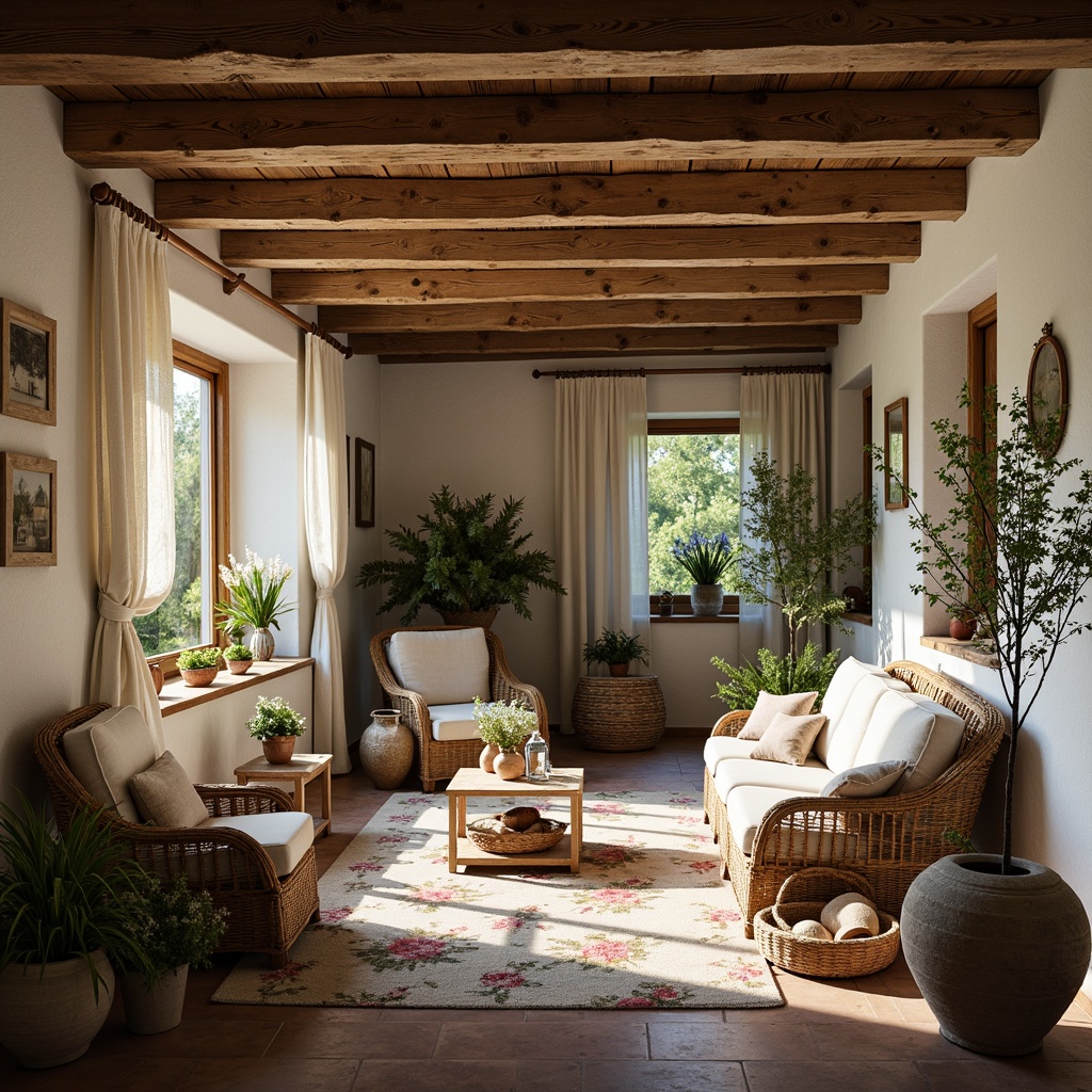 Prompt: Rustic French country cottage, distressed wood beams, soft warm lighting, floral patterns, vintage furniture, natural fabrics, linen upholstery, cotton lace curtains, woven wicker baskets, earthy terracotta pots, lush greenery, blooming wildflowers, sunny afternoon, shallow depth of field, 1/1 composition, intimate atmosphere, realistic textures, ambient occlusion.