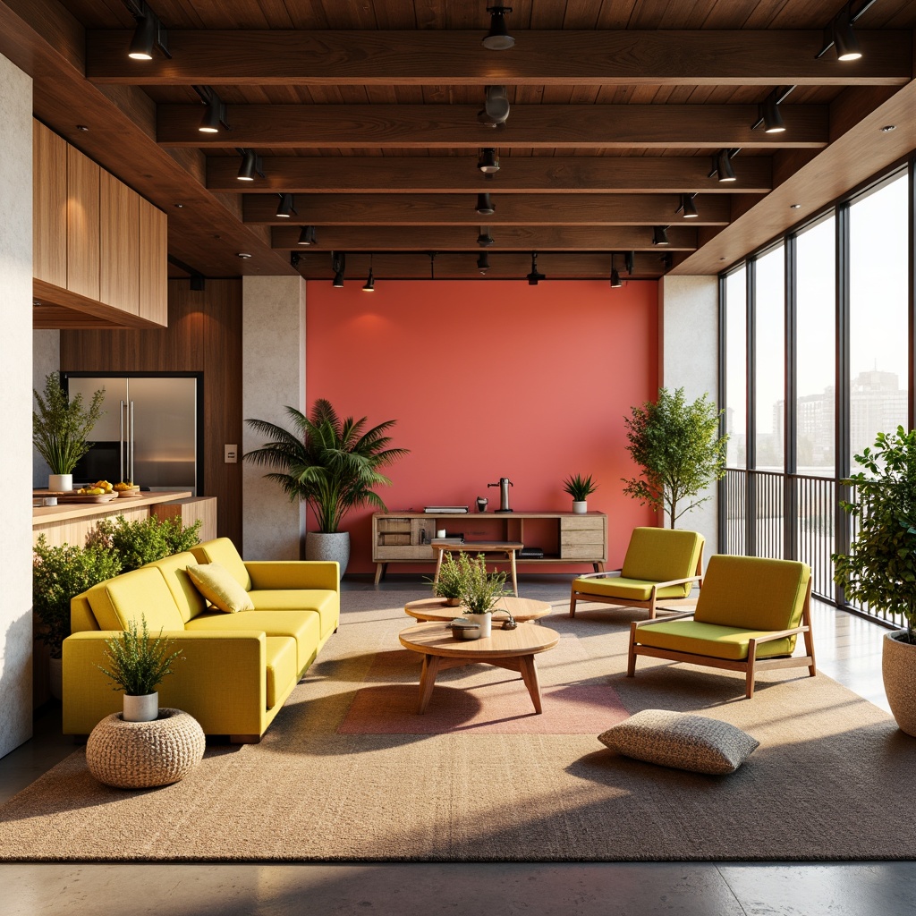 Prompt: Vibrant office interior, bold accent walls, rich wood furniture, sleek metal frames, pops of bright coral, sunny yellow, and lime green, natural textiles, geometric patterns, modern minimalist decor, floor-to-ceiling windows, abundant natural light, soft warm glow, shallow depth of field, 3/4 composition, realistic textures, ambient occlusion.