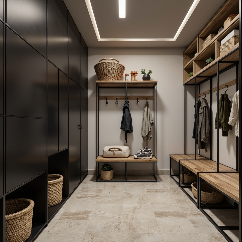 Prompt: Modern mudroom, minimalist design, industrial metal shelves, reclaimed wood benches, woven baskets, natural stone flooring, matte black cabinets, wall-mounted hooks, stainless steel rods, sleek storage bins, overhead shelving units, LED strip lighting, soft warm glow, shallow depth of field, 1/1 composition, realistic textures, ambient occlusion.