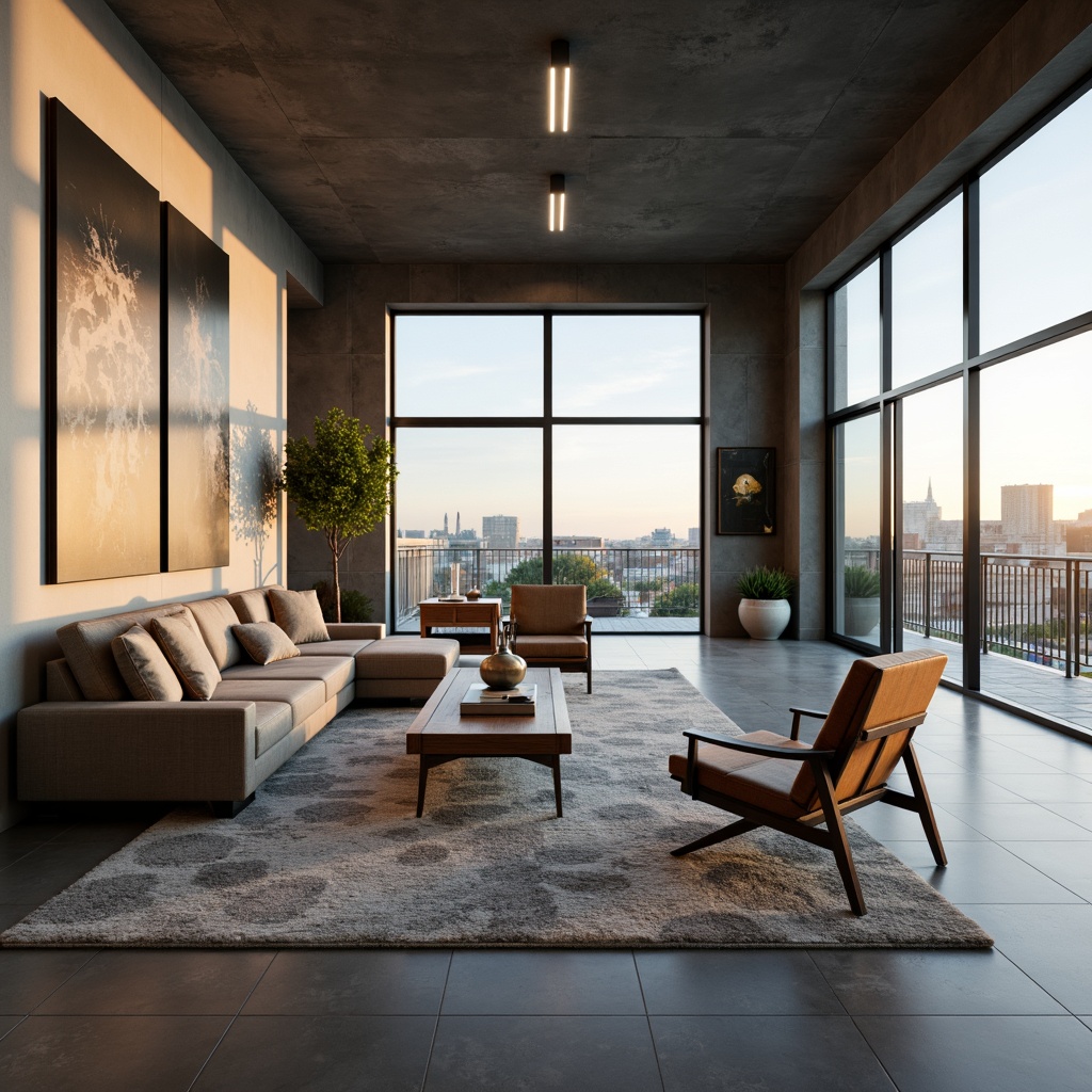 Prompt: Minimalist living room, open floor plan, modern apartment design, large windows, sliding glass doors, polished concrete floors, sleek low-profile furniture, geometric patterns, ambient lighting, soft warm glow, 3/4 composition, shallow depth of field, realistic textures, natural stone accents, industrial chic decor, urban loft atmosphere, cityscape views, morning sunlight, gentle shadows, airy feel, functional layout.